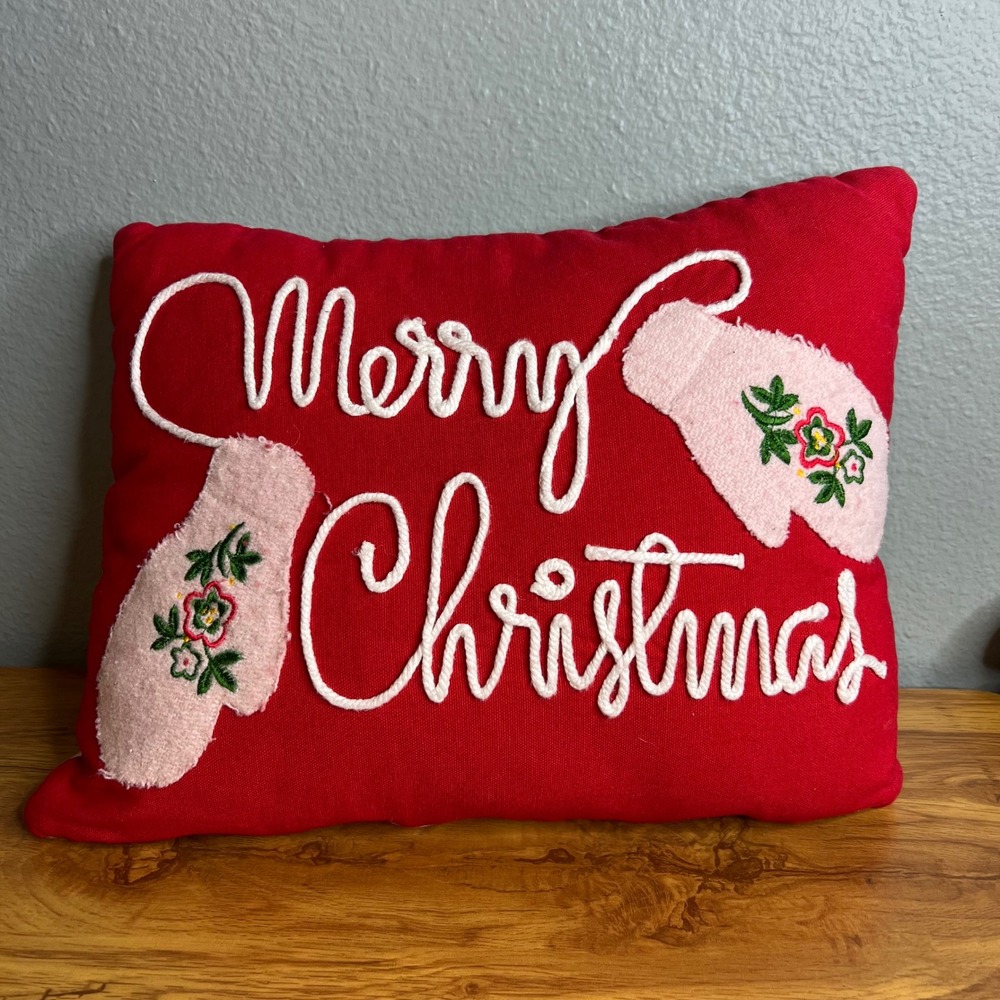 Hallmark Home‎ Christmas Pillow Red Mitten Holiday Embroidered Decor Throw